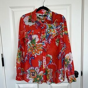 Lauren Ralph Lauren Cotton Silk Orange Floral Long Sleeve Button Down Blouse Med
